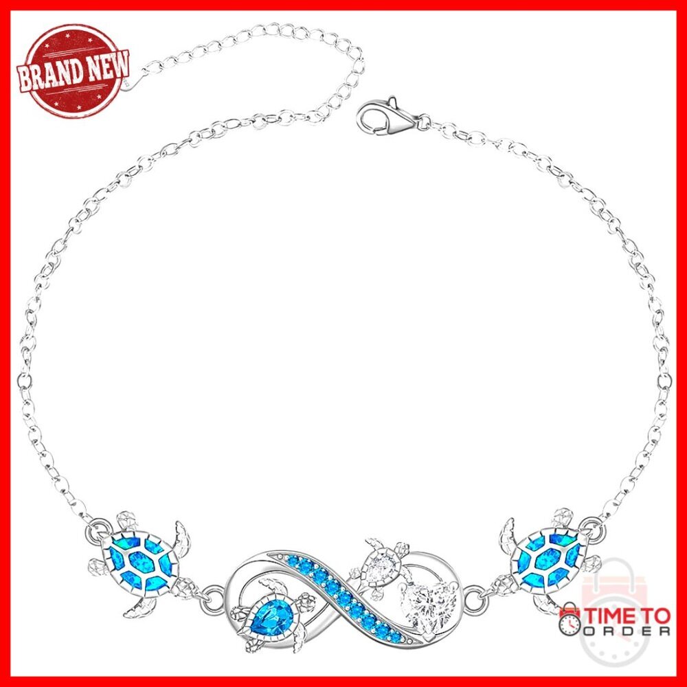 Sterling Silver Sea Turtle Anklet with Infinity Wave, 10 Inch Chain
